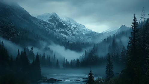 Snow-covered mountain valley with conifer forest and river.