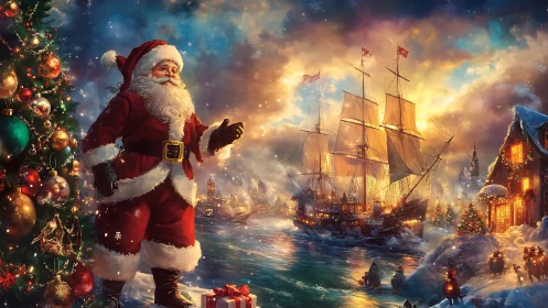 Santa observes illuminated tall ships in a snowy harbor at dusk