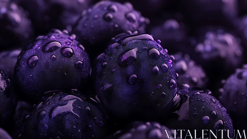 Midnight blueberries gleam under dewy jewel-toned light.