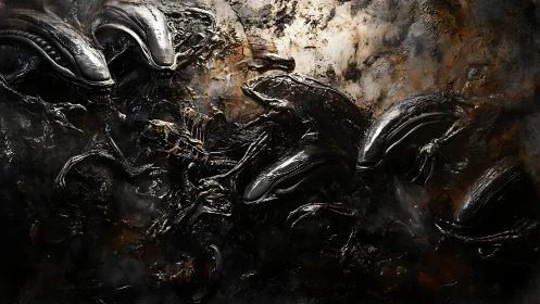 Alien biomechanical swarm emerges from dark, molten wall.