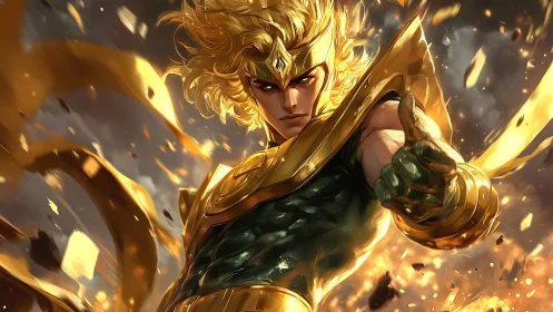 Golden armored figure extends gloved hand amid debris field