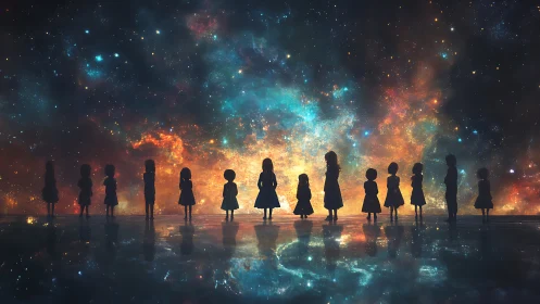 Stargazing silhouettes gathered beneath a glowing cosmic sea.