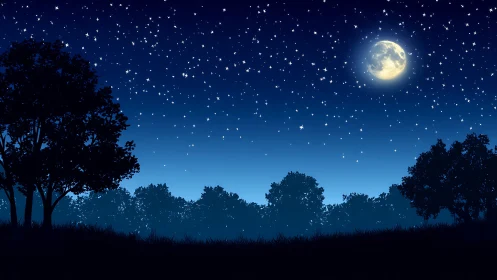 Vector night landscape shows moonlit sky with dense starfield