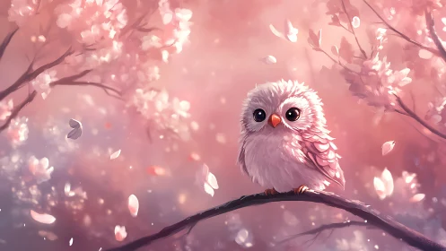 Cute Fluffy Owl on Cherry Blossom Branch, Dreamy Pastel Art.