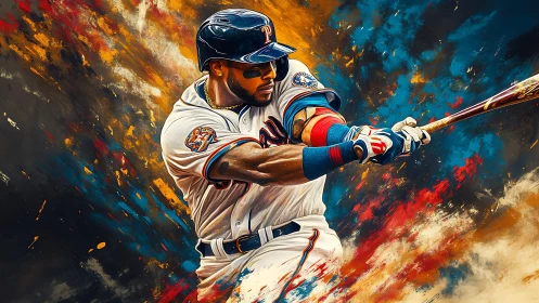 Dynamic baseball hitter in explosive color field composition.