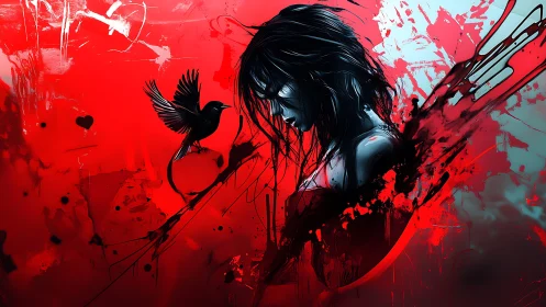 Storm-lit girl and ink-black crow in a bleeding red dreamscape.