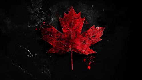 Bold red maple leaf glowing against a moody dark sky.