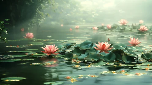 Pink lotus flowers float across misty pond surface