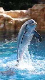 Bottlenose dolphin leaps vertically from bright blue pool