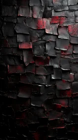 Crimson-black impasto grid with layered abstract texture.