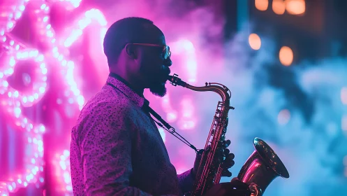 Neon-lit saxophonist performs under vibrant club lights.