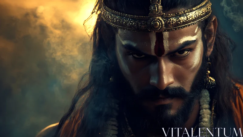 Warrior-priest portrait amid swirling sacred smoke.