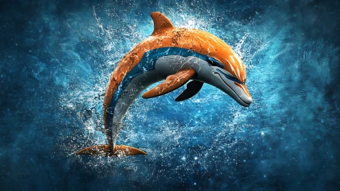 3D stylized dolphin leap within kinetic splash composition.
