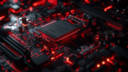 Glowing motherboard heart with vivid red circuitry light.