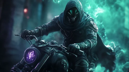 Mystic rider in neon fog racing through a ghostly city.