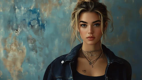 Digital portrait shows blonde woman before textured teal wall