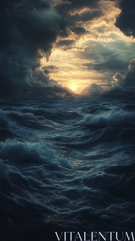 Storm-tossed ocean under dramatic backlit cumulonimbus sky
