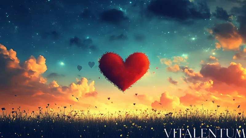 Giant red heart floats above wildflower meadow at sunset