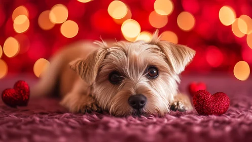 Terrier-type dog rests on textured burgundy surface with bokeh lighting