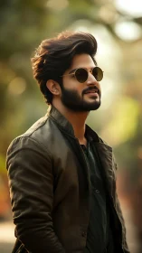 Stylish bearded man enjoys golden hour light outdoors