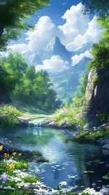 Gentle mountain stream welcomes you into a bright green valley