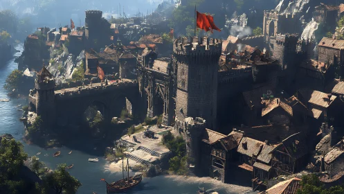 River-wreathed fortress city under blazing crimson banners.