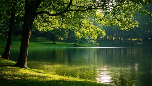 Sunlit woodland pond where quiet green light lingers.