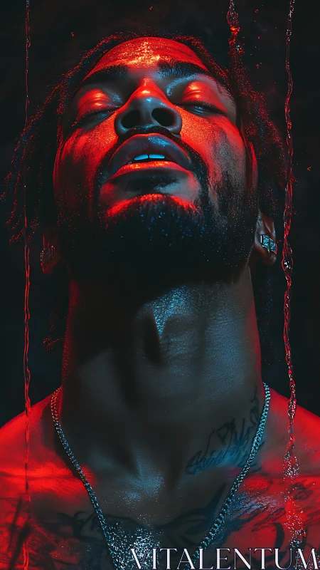 Cinematic red-blue portrait isolates a drenched male figure