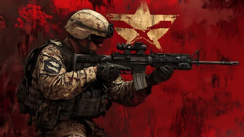 Armored soldier with rifle before distressed red star banner.