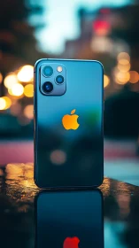 Pacific Blue iPhone 11 Pro against urban bokeh backdrop.