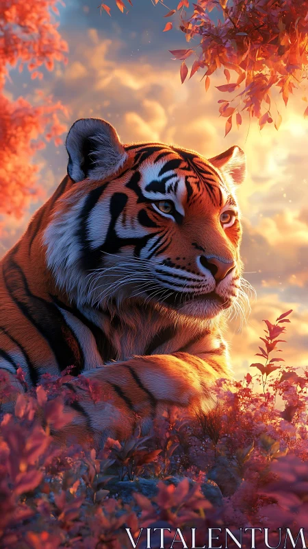 Majestic tiger rests in fiery sunset forest glow