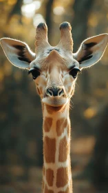 Vertical portrait of giraffe with soft bokeh background.