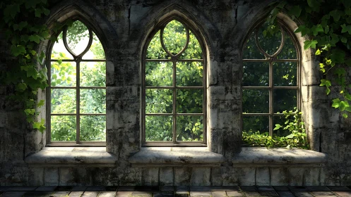 Gothic stone tracery windows framing dense luminous foliage.
