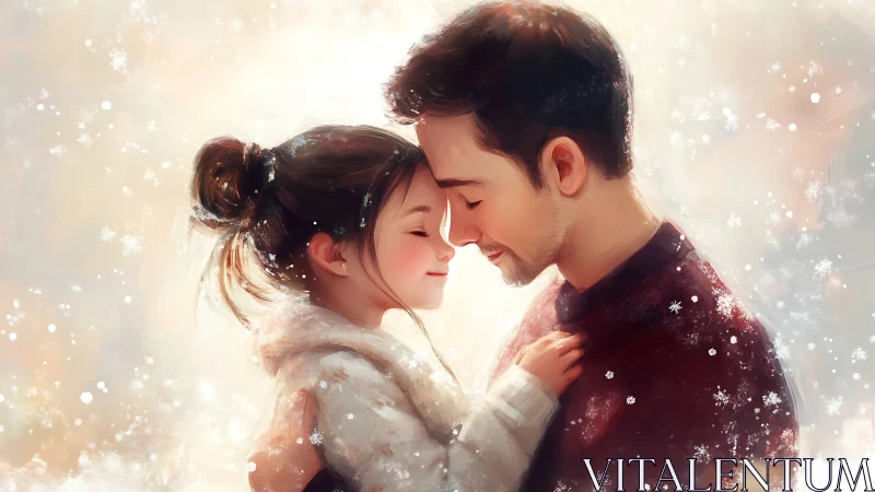 Couple Embracing in Falling Snowflakes, Intimate Winter Moment