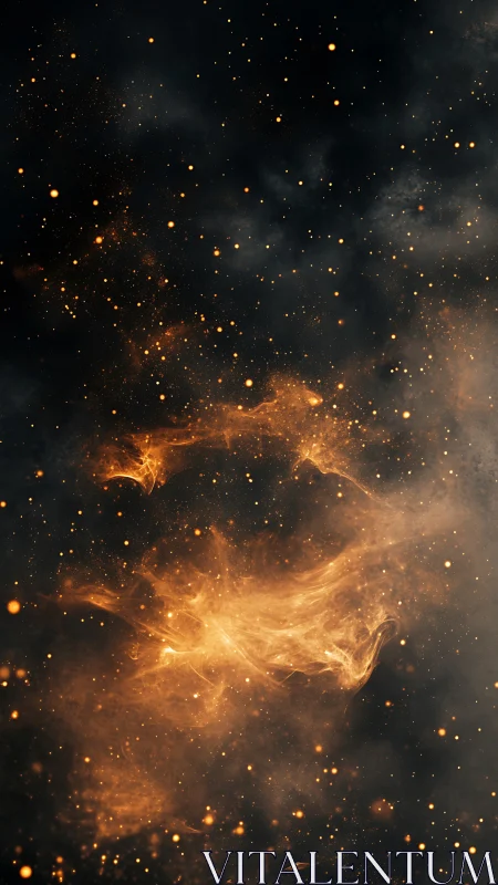 Cosmic nebula erupts in golden flames across dark starfield.