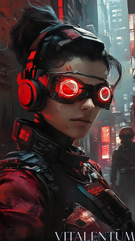 Neon-eyed cyber scout pauses in a rain-soaked future alley