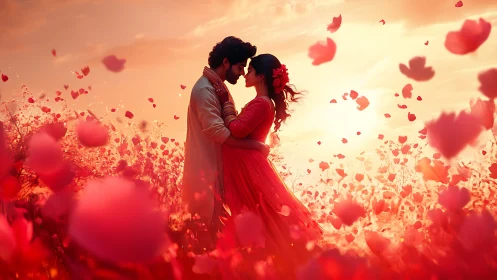 Couple postures in floral environment with saturated color treatment.