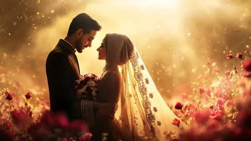 Golden hour wedding couple embrace in rose garden glow.