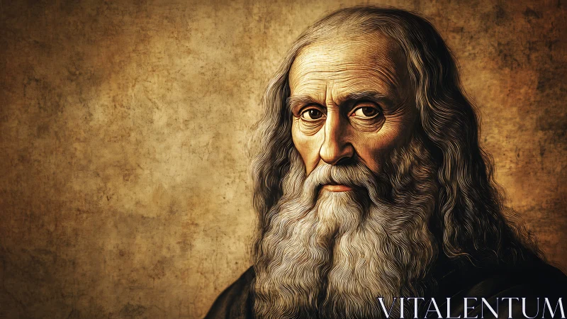 Renaissance elder portrait with textured sepia chiaroscuro lighting.