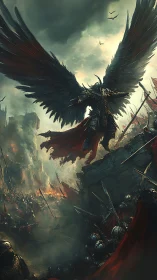 Armored dark angel commands battlefield from elevated rocky outcrop