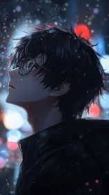 Backlit anime profile studies reflective gaze in neon bokeh