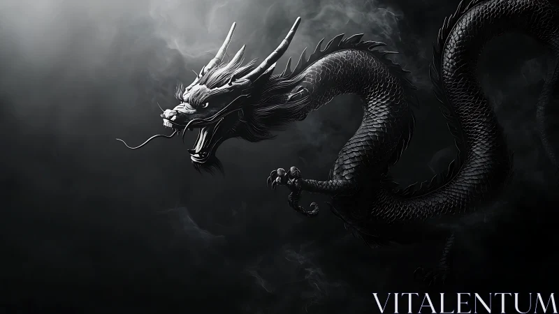 Side profile of coiled black dragon in smoky darkness.