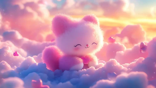 Pastel plush kitten seated in luminous cloudscape at sunrise
