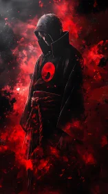 Hooded anime shinobi in red particulate energy field.