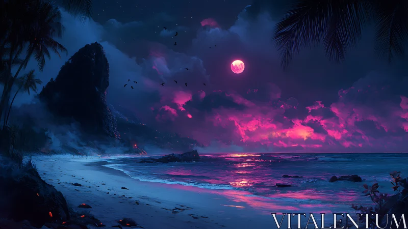 Mystical Moonlit Beach with Dramatic Pink Sky.