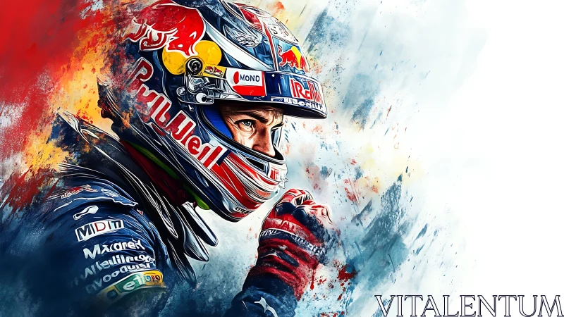Digital illustration of racing driver in branded helmet.