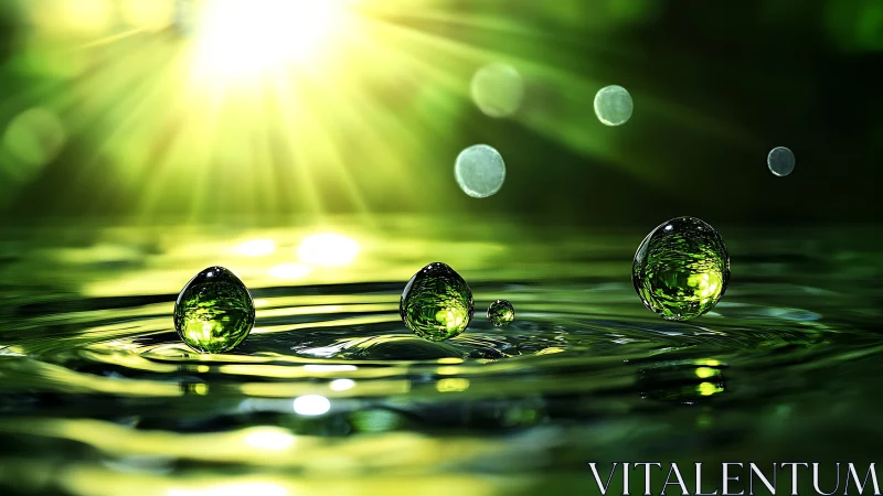 Glowing green droplets dancing in gentle golden sunlight.