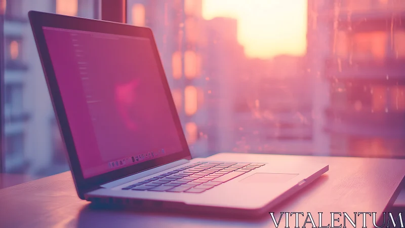 Laptop glows in soft pink sunset light by city window.