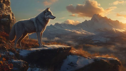 Lone white wolf greeting a golden mountain sunrise.