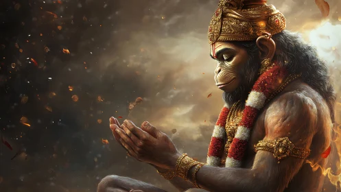 Divine simian warrior in ember-lit prayerful stillness.
